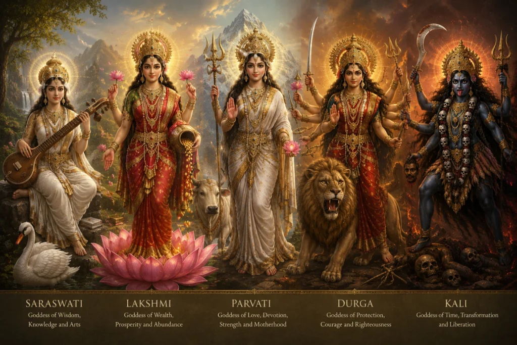 Goddesses of Power and Wisdom Saraswati, Lakshmi, Parvati, Durga, and Kali