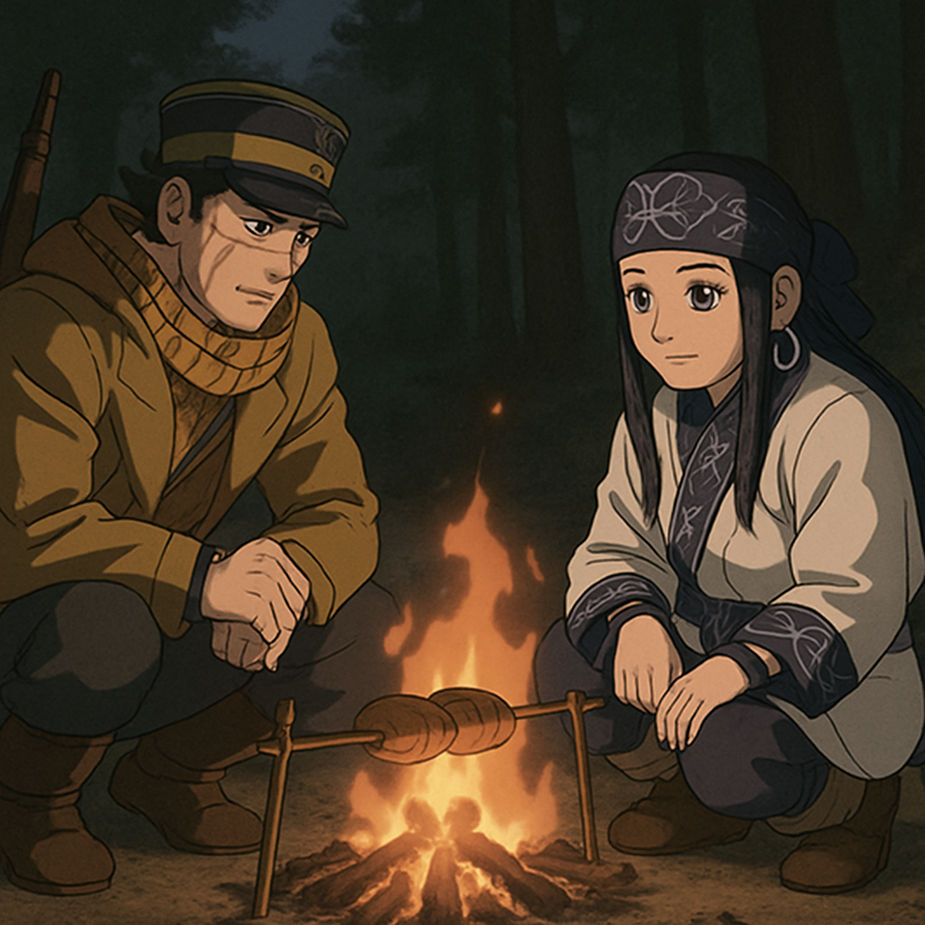 Sugimoto and Asirpa from Golden Kamuy sitting around a campfire