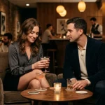 Two people experiencing the subtle signs of unspoken mutual attraction in a lounge setting