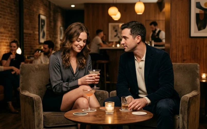 Two people experiencing the subtle signs of unspoken mutual attraction in a lounge setting