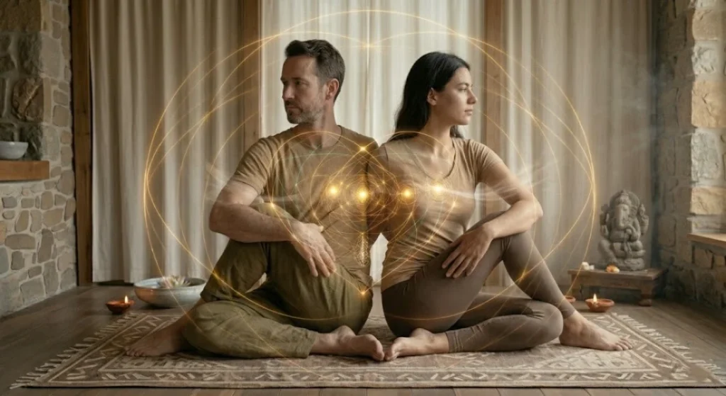 ardha matsyendrasana seated twist detoxification energy channel cleanse focused intention candid image