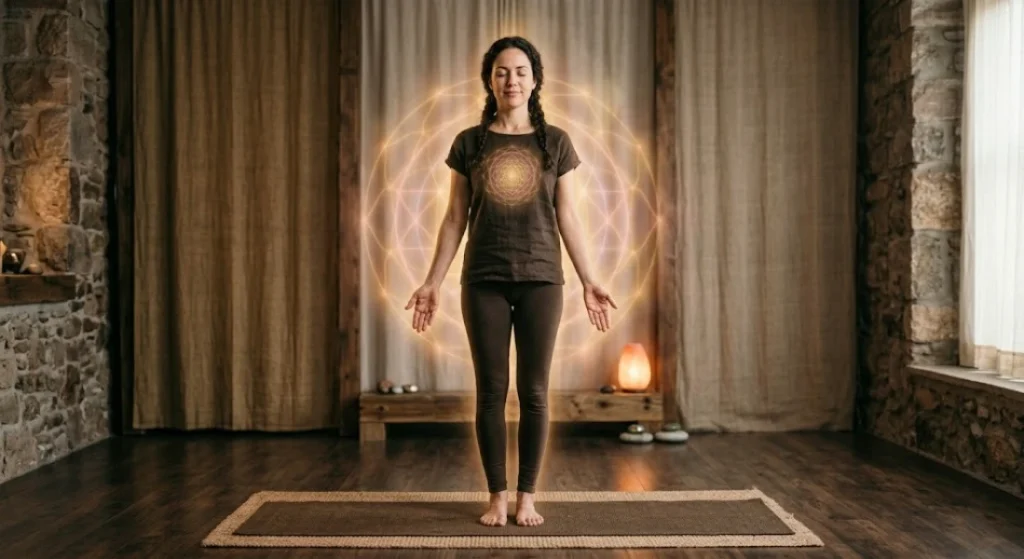 authentic tadasana energetic alignment palms forward grounding breath subtle focus photograph