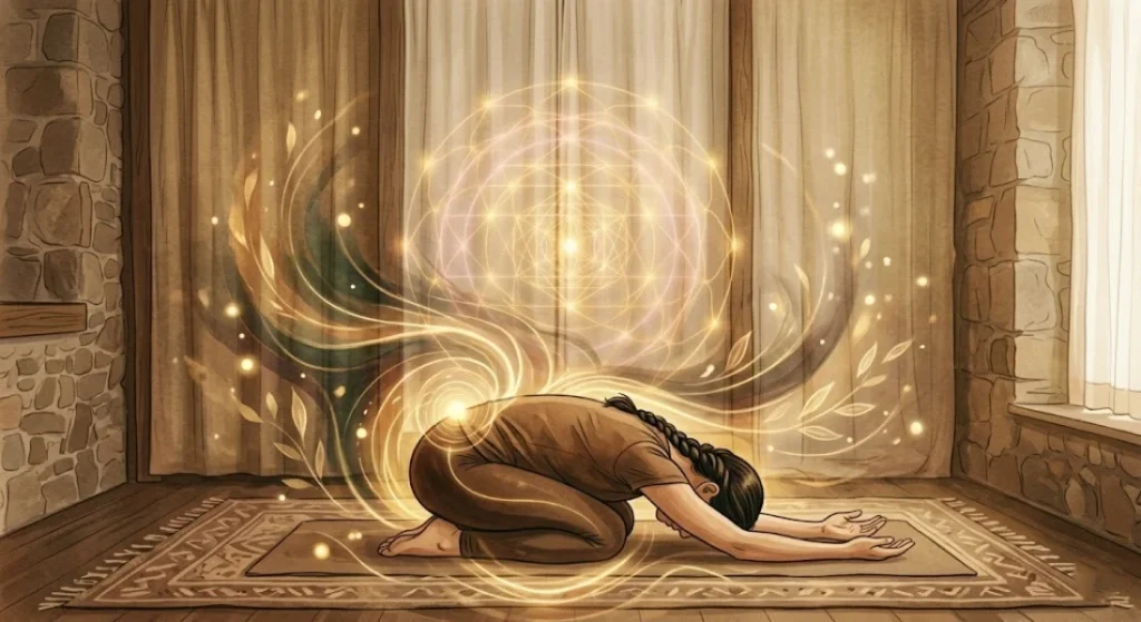 balasana child's pose relaxation apana energy deep rest quietude safe space illustration style