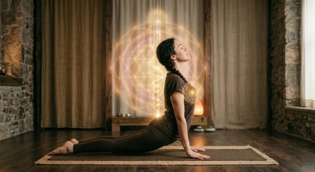 bhujangasana tantric heart opener eyes closed energy ascending along spine authentic yoga capture