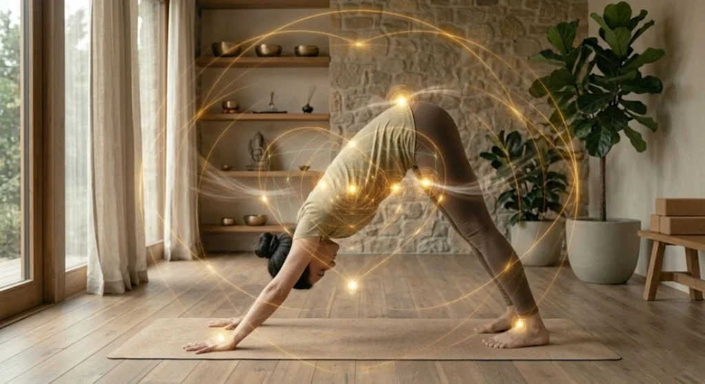 downward-facing dog adho mukha svanasana energetic release full body stretch modern studio setting