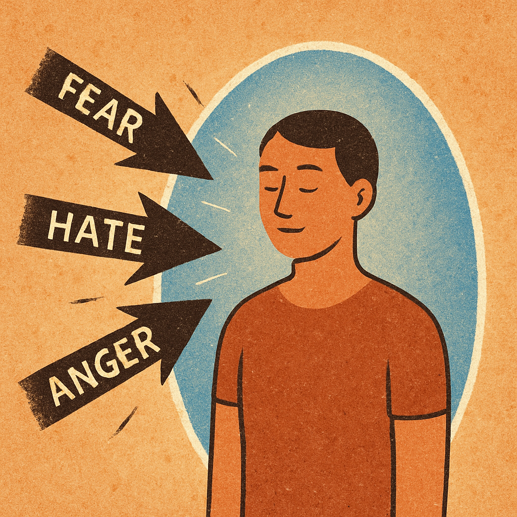 An illustration of a protective shield enveloping a person, deflecting negative energy