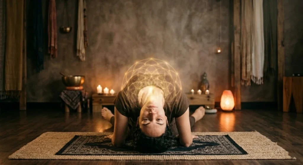 matsyasana fish pose throat chakra activation arched chest spiritual ambiance natural lighting photography