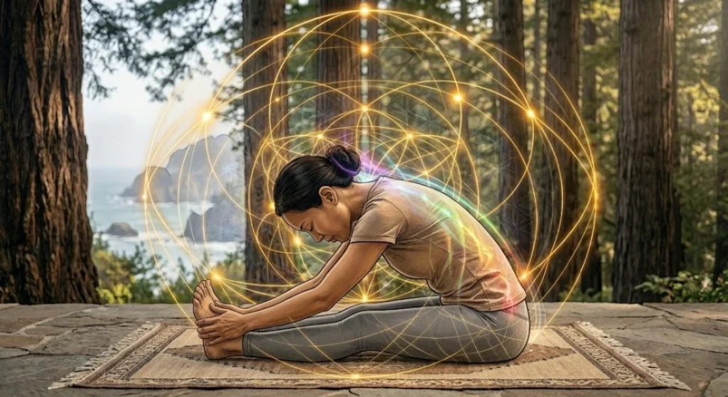 pascimottanasana deep forward fold breath control energetic containment focused expression illustration