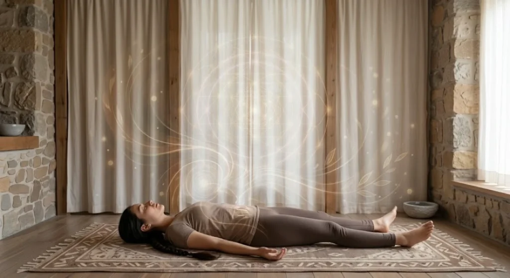 savasana corpse pose absolute surrender subtle body awareness minimal setting high-resolution photo
