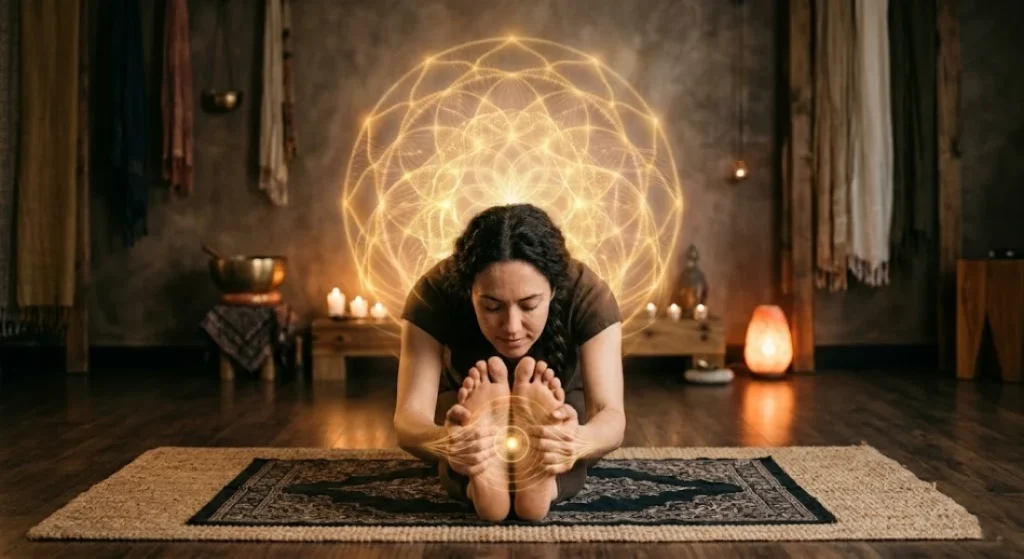 seated forward fold paschimottanasana deep introspection prana management internal gaze camera shot