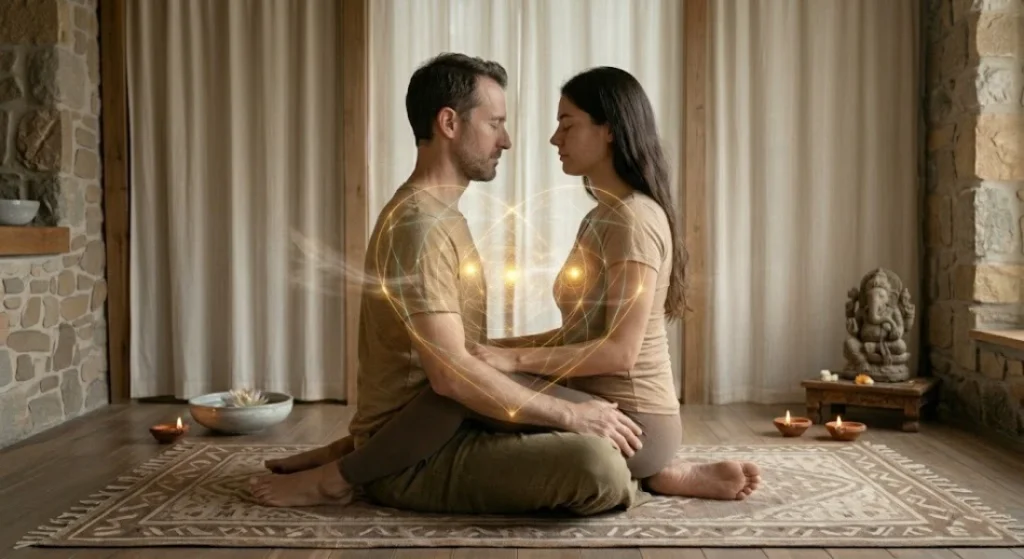 seated partner meditation face to face synchronized inhales connection of hearts authentic portrayal