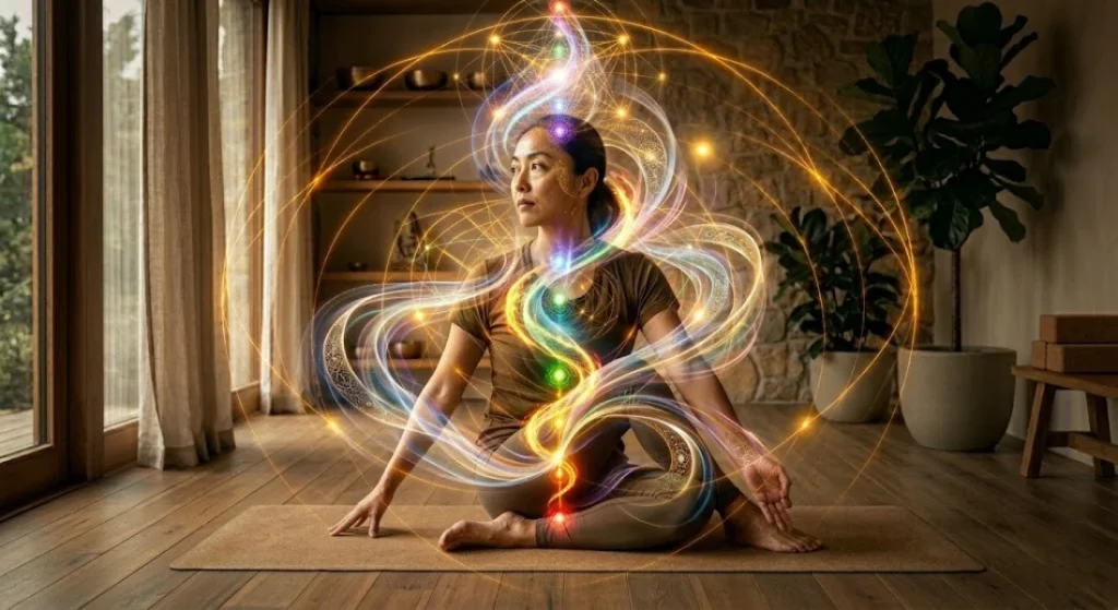 seated spinal twist dynamic movement prana circulation visualization flow of light art piece
