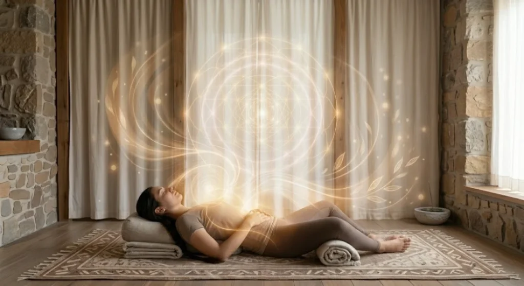 supta baddha konasana butterfly posture on back openness restorative breathing pattern soft glow
