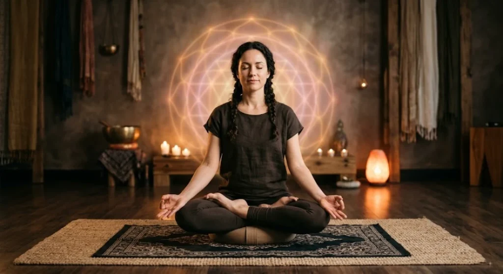 tantra yoga posture padmasana meditative mudra serene visualization lighting