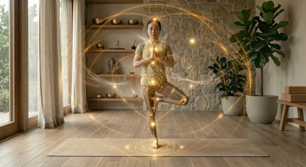 tree pose vrksasana balancing effort and ease rooted one leg visualization focused point photo