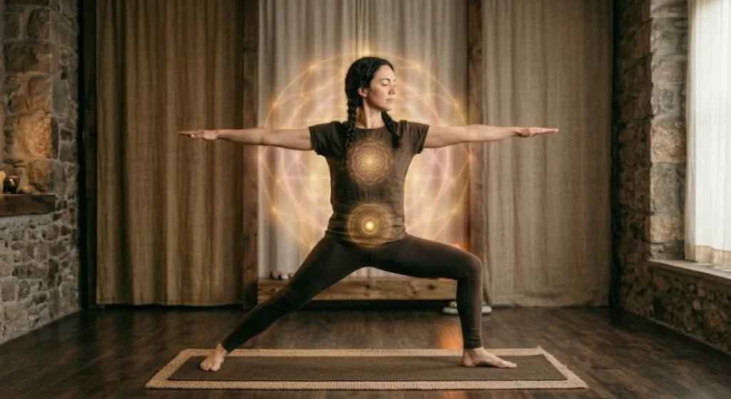 virabhadrasana II warrior posture internal focus rooted stance deliberate movement film grain
