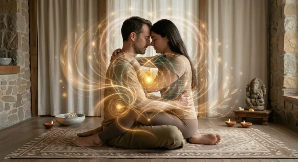 yab-yum partner yoga deity embodiment embrace shared breath spiritual resonance sacred moment image